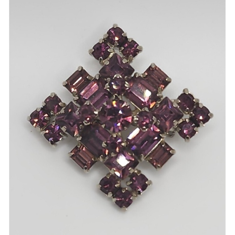 Vintage La Rel Designer Signed Purple Rhinestone Layered Domed Geometric Square